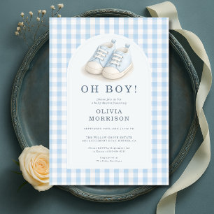 O Jongen Blauwe Schoenen Gingham Baby Shower Kaart