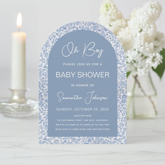 O jongen boog blauw bloemmotief script baby shower kaart