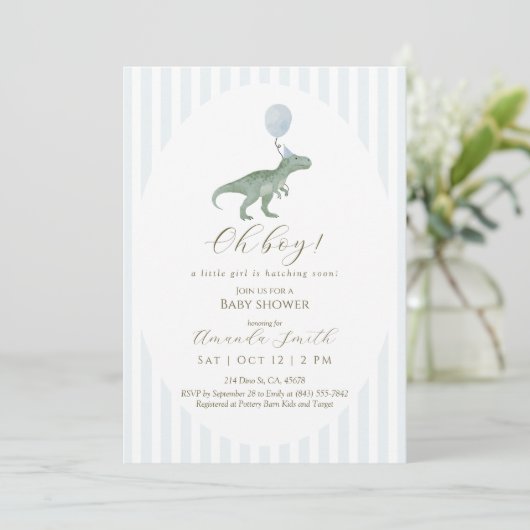 O jongen dinosaurus babyshower uitnodiging (Staand voorkant)