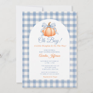 O Jongen Kleine Pompoen Blauwe Gingham Baby Shower Kaart
