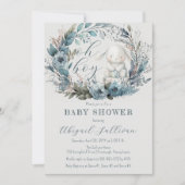 O jongen konijn blauwe bloemenkrans baby shower kaart (Voorkant)