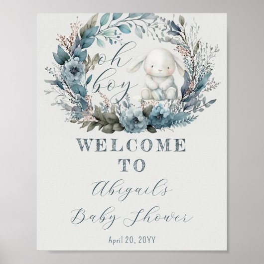 O jongen konijn blauwe bloemenkrans baby shower poster (Voorkant)