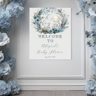 O Jongen Konijn Blauwe Bloemenkrans Baby Shower Poster