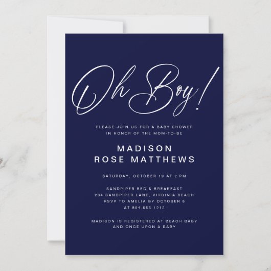 O jongen Modern script Navyblauw Baby Shower Kaart (Voorkant)
