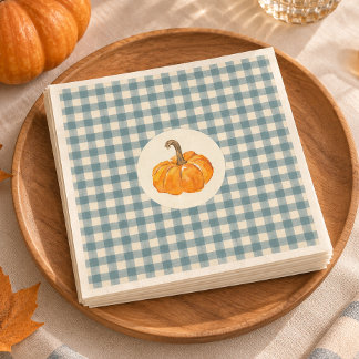 O jongen pompoen blauw geruit vintage baby shower servet