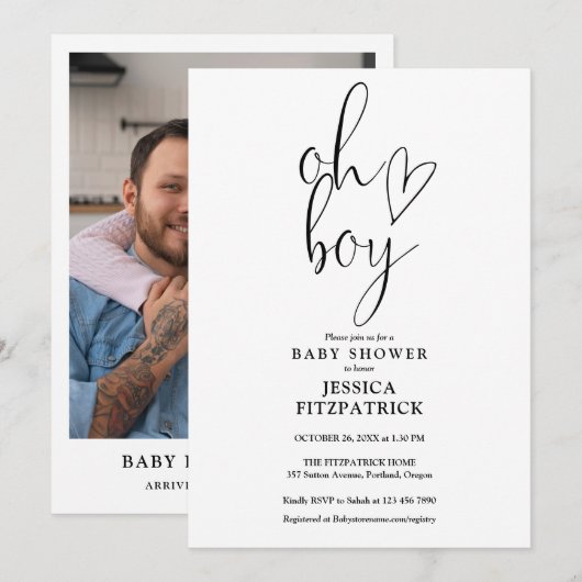 O jongen Schattig Hart Script Foto Baby Shower Kaart (Voorkant / Achterkant)
