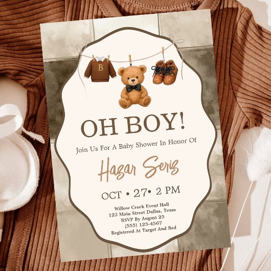 O jongen teddybeer beige gingham babyshower kaart
