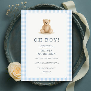 O Jongen Teddybeer Gingham Baby Shower Kaart