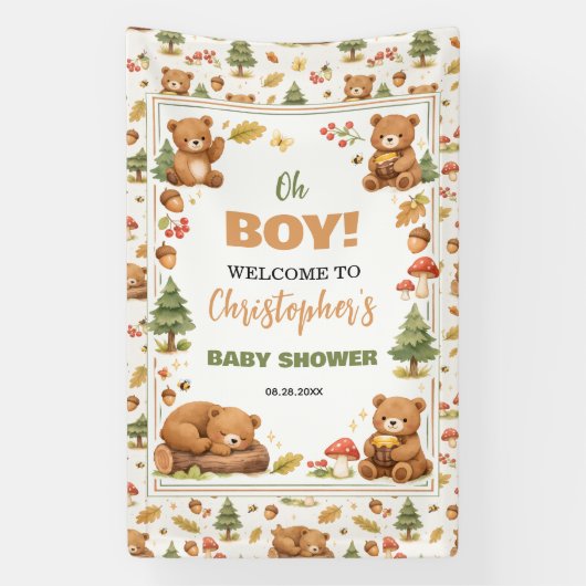 O jongen waterverf bosbeer babyshower spandoek (Verticaal)