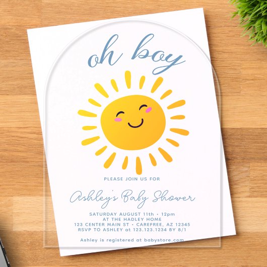 O Jongen Zonneschijn Blauwe Baby Shower Acryl Uitnodigingen