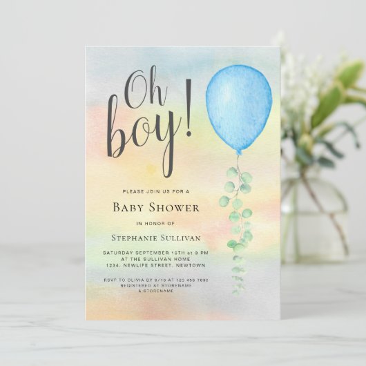O Jongens Baby Shower Uitnodiging Eucalyptus Blauw (Staand voorkant)