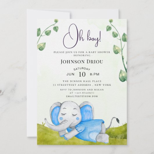 O jongensolifant babyshower uitnodiging (Voorkant)