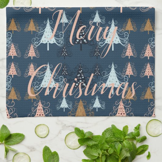 O kerstbomen (blauw) theedoek (Gevouwen)