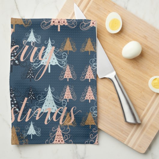 O kerstbomen (blauw) theedoek (Quarter Fold)