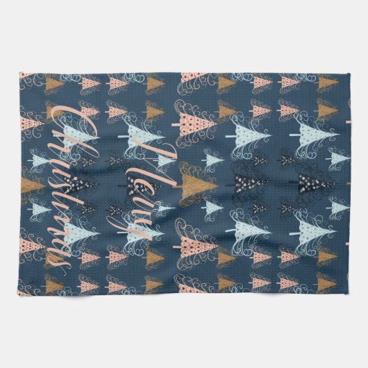 O kerstbomen (blauw) theedoek (Horizontaal)