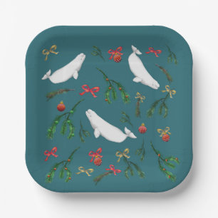 O Kerstmis Beluga Whale Illustratie Holiday Papieren Bordje
