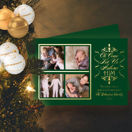 O komt, laat ons Hem aanbidden 4 Foto Kerstmis Folie Feestdagenkaart