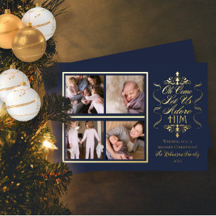 O komt, laat ons Hem aanbidden 4 foto's Kerstmis Folie Feestdagenkaart