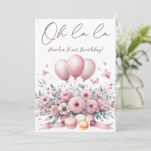 O la la Blush Roze Bloemen Meisje 1e Verjaardag Kaart (Staand voorkant)