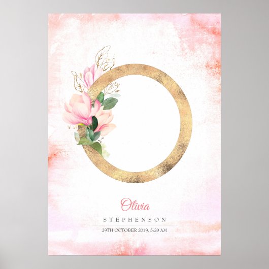 O Letter Monogram Gouden Bladeren Roze Magnolia Bl Poster (Voorkant)