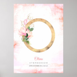 O Letter Monogram Gouden Bladeren Roze Magnolia Bl Poster