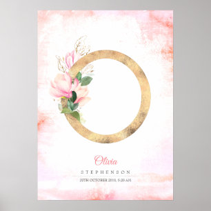 O Letter Monogram Gouden Bladeren Roze Magnolia Bl Poster