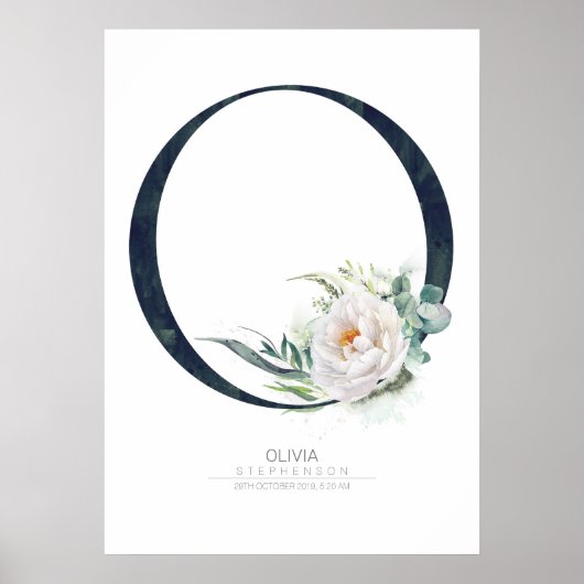 O Letter Monogram Witte Bloemen en Groene Planten Poster (Voorkant)