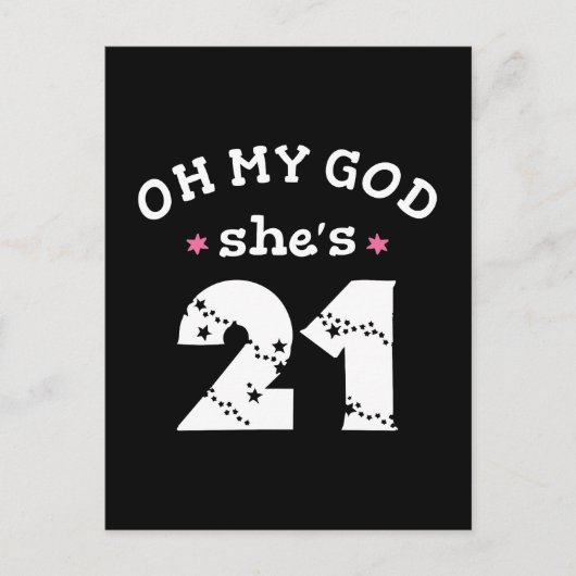 O mijn god zij is 21 jaar oud briefkaart (Voorkant)