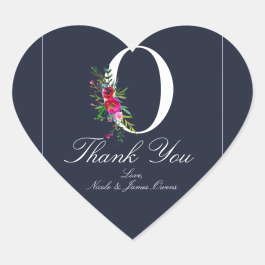 O Monogram Laatste Initiaal Modern Blauw Bloem Bru Hart Sticker (Voorkant)