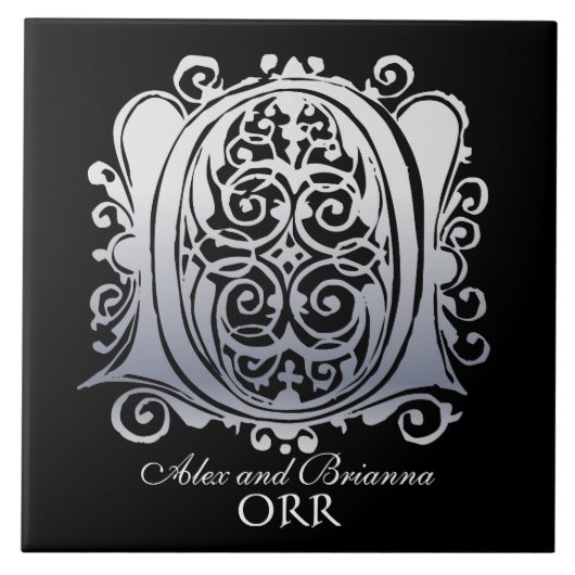 O Monogram "Silver Lace on Black" met Names-Tegel Tegeltje (Voorkant)