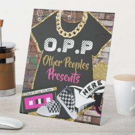 O.P.P Retro 90's Hip Hop Pink|Gold Gift Table Sign Reclamebord Met Voetstuk