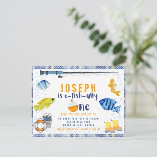 o Vis Ally Een Geviste 1e Verjaardagsuitnodiging Briefkaart (Staand voorkant)