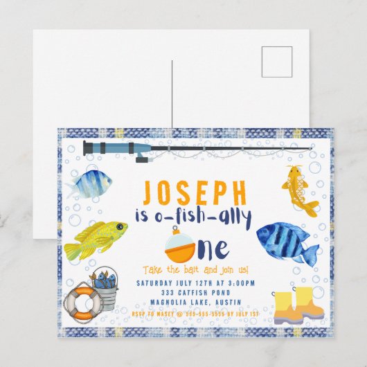 o Vis Ally Een Geviste 1e Verjaardagsuitnodiging Briefkaart (Voorkant / Achterkant)