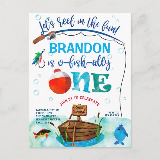 O-vis-Ally, kleine visser, Gevist 1e verjaardag Uitnodiging Briefkaart (Voorkant)