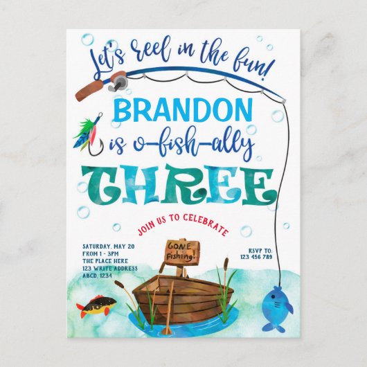 O-vis-Ally, kleine visser, Gevist 3e verjaardag Uitnodiging Briefkaart (Voorkant)