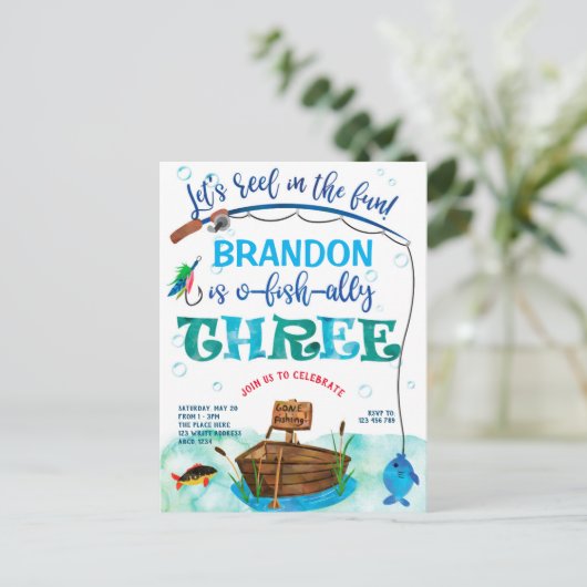 O-vis-Ally, kleine visser, Gevist 3e verjaardag Uitnodiging Briefkaart (Staand voorkant)