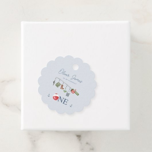 O-vis-bondgenoot een vissen 1e jongen verjaardag bedankjes labels (In situ)