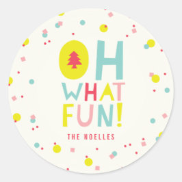 O wat een pret Kerstboom Kleurrijke Confetti Stipp Ronde Sticker