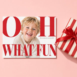 O Wat Een Pret Rood Vette Serif Kinder Kerst Foto Feestdagenkaart