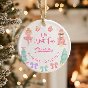 O wat een pret Roze Notenkraker Eerste Kerstmis Keramisch Ornament