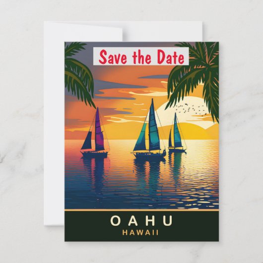Oahu Hawaï zeilboot retro trouwkaart Save The Date (Voorkant)