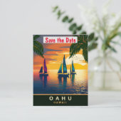Oahu Hawaï zeilboot retro trouwkaart Save The Date (Staand voorkant)