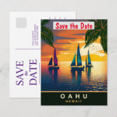 Oahu Hawaï zeilboot retro trouwkaart Save The Date (Voorkant / Achterkant)