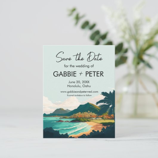 Oahu Hawaii Beach Bruiloft Save the Date Kaart (Staand voorkant)