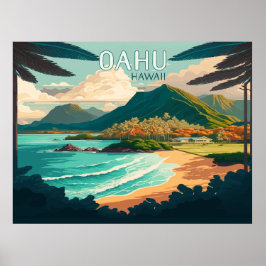 Oahu Hawaii Beach  Retro Poster