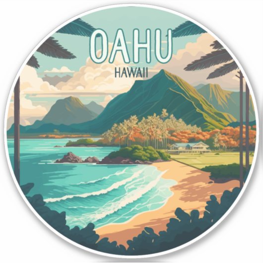 Oahu Hawaii Beach  Retro Sticker (Voorkant)