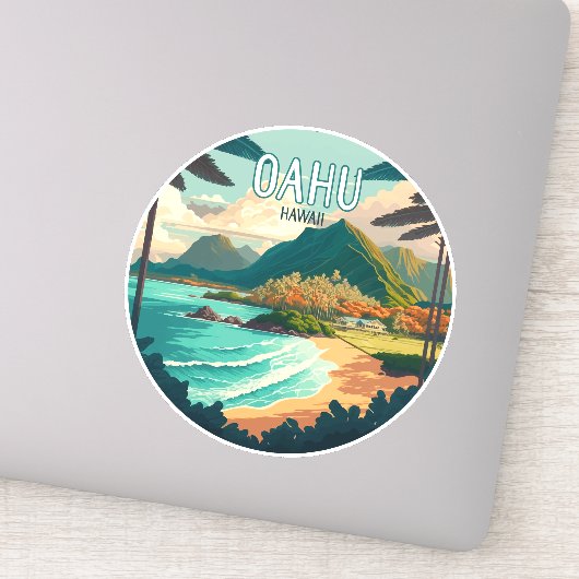 Oahu Hawaii Beach  Retro Sticker (Detail)