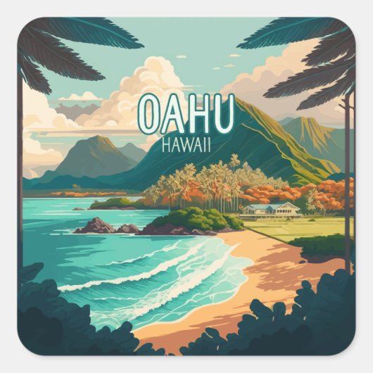 Oahu Hawaii Beach  Retro Vierkante Sticker (Voorkant)