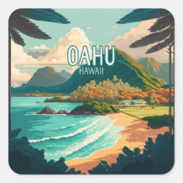 Oahu Hawaii Beach  Retro Vierkante Sticker