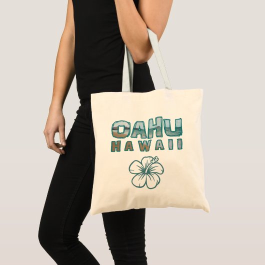 Oahu Hawaii Fototekst & Hibiscus Flower Tote Bag (Voorkant (product))